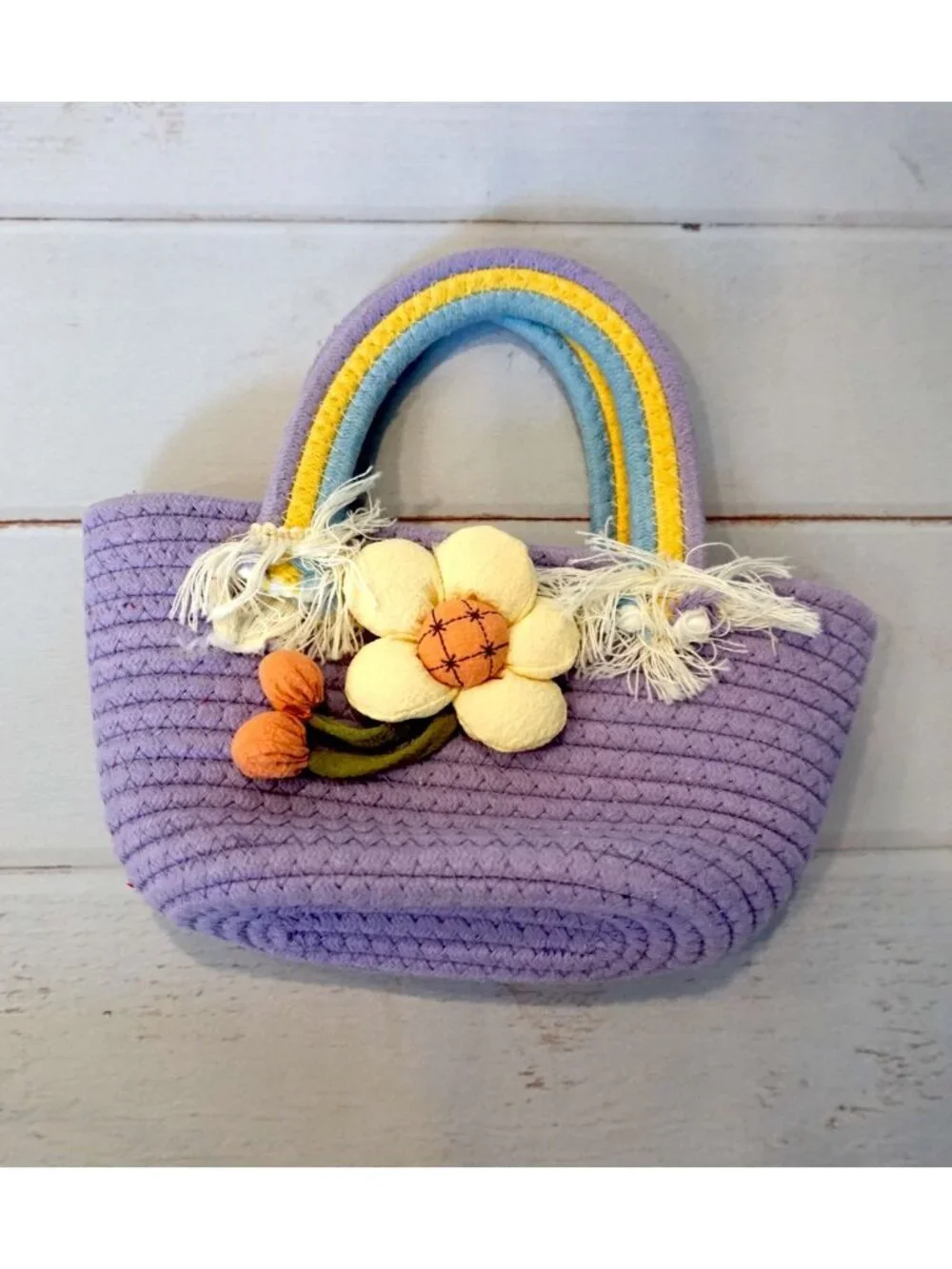 Handwoven Purple Round Bag With Floral Applique Handles